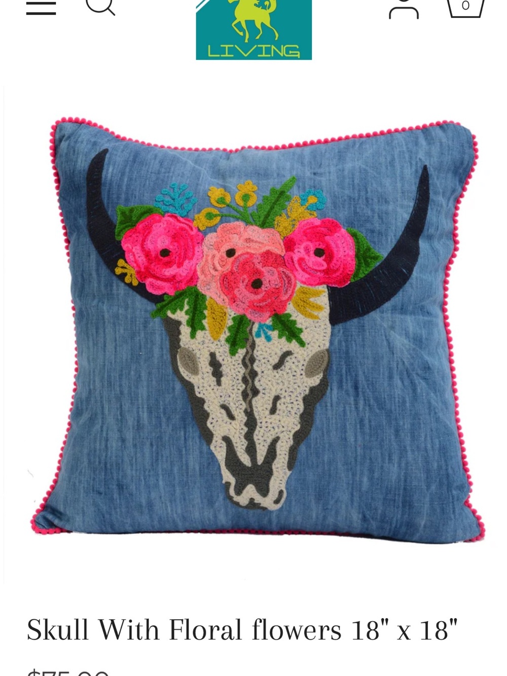 Set of 2 Embroidered Floral Skull Accent Pillow Covers in Blue with Pink Trim